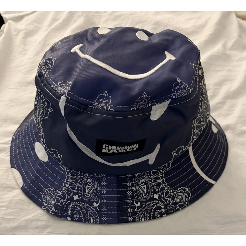 Chinatown Market Bucket Hat Adult One Size Blue Smiley Originals Bandana Print